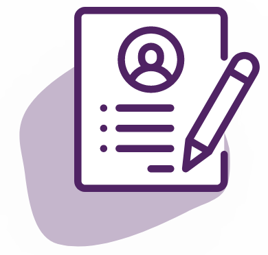 An icon of a document with a user profile picture and bulleted lines, accompanied by a pencil on the right side, all in purple color with a light purple abstract shape in the background, symbolizing the tools you need to get hired.