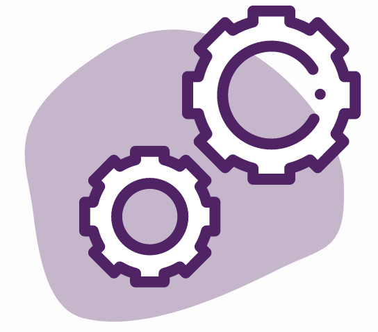 Two purple gears of different sizes over a light purple abstract shape symbolize interconnected processes. The larger gear is positioned at the top right, and the smaller gear is at the lower left. The image has a minimalistic design with a white background.
