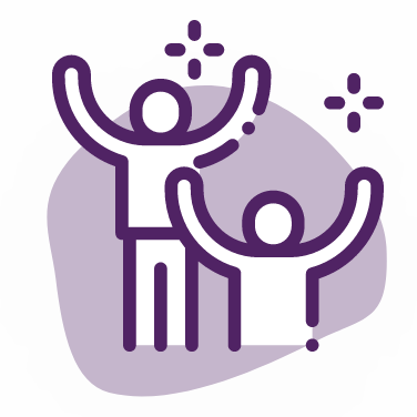 A purple line drawing depicts two figures with arms raised in cheer or celebration. One, taller, stands behind a smaller figure, both positioned in front of a lavender abstract shape with sparkles around their hands. This joyful illustration perfectly encapsulates the spirit of "About Us.