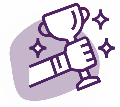 A purple and white illustration on our "About Us" page shows a hand holding a trophy cup. Three stars or sparkle icons to the right of the trophy celebrate achievement. The background features a light purple abstract shape, adding a touch of elegance to the design.