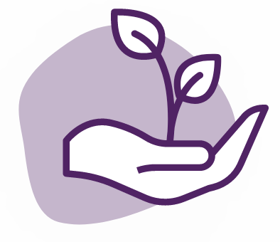 A minimalist illustration featured in our "About Us" section shows a hand gently holding a small plant with two leaves. The hand and plant are outlined in dark purple against a light purple, irregularly shaped background.
