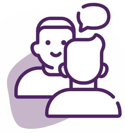 Illustration of two people facing each other and conversing, depicted with simple, stylized outlines. One has a speech bubble indicating they are talking about various processes, while the other is listening and smiling. The background features a light purple abstract shape.