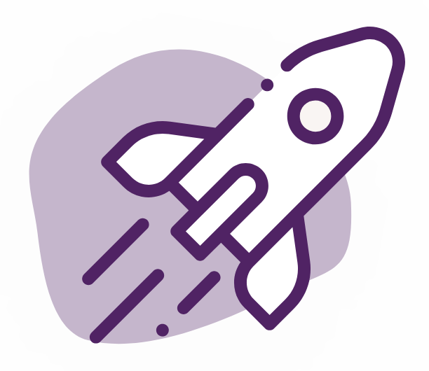A simplistic, purple line drawing of a rocket launching with a trail of smoke. The rocket is depicted in an upright position against a slightly abstract, rounded purple background, symbolizing the intricate processes involved in its ascent.