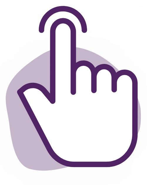 A purple outline of a hand with an extended index finger pointing upwards. Above the finger is a curved arch, indicating a pressing or clicking action—signifying various processes. The background features a light purple, irregular oval shape.
