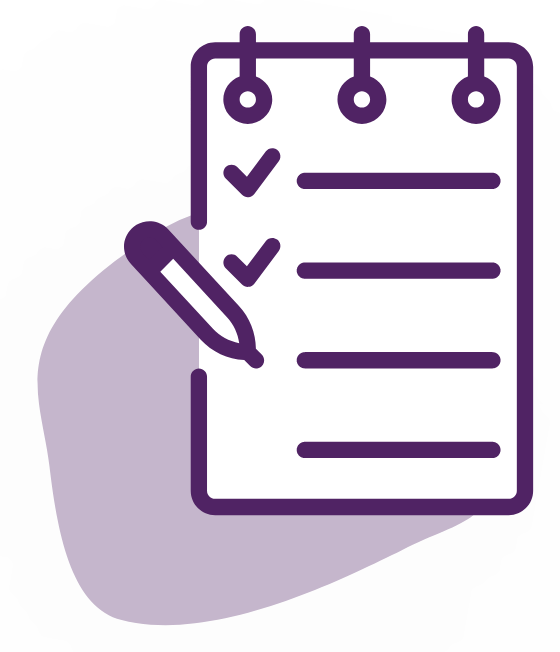 A purple icon of a notepad with three checklist items, each followed by a checked box. A pencil, indicative of ongoing processes, is shown next to the notepad as if marking the checkboxes. The notepad and pencil are set against a light purple abstract background.