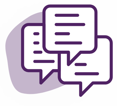 An illustration of three overlapping speech bubbles in purple outline represents a conversation. The speech bubbles, symbolizing intertwined communication processes, are arranged against an abstract, light purple background shape.