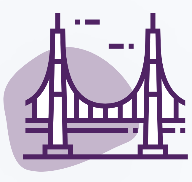 A minimalist, purple outline illustration of a suspension bridge with two large towers and multiple cables. The background features an abstract, light purple shape. For more details about this simple yet geometric design emphasizing the structure of the bridge, contact us.