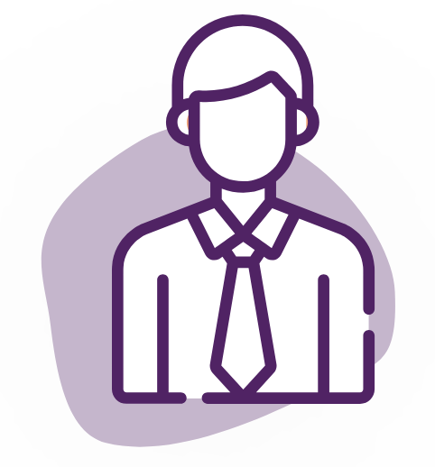 Line drawing of a person wearing a suit and tie, depicted in a minimalist style. The person is shown from the shoulders up, with a simple and unembellished design that maintains their privacy. The background features a soft, abstract shape in light purple.