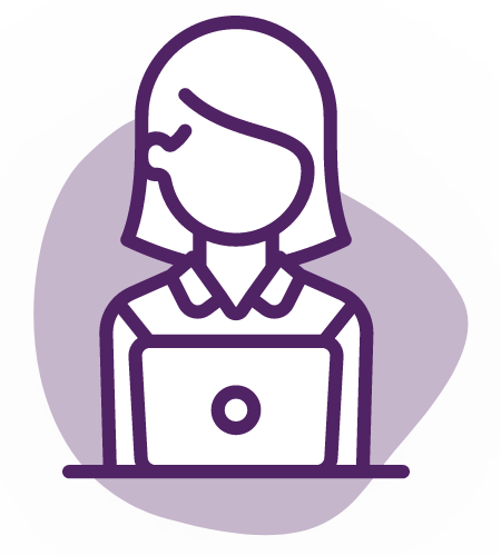 A simple purple line drawing of a person with shoulder-length hair sitting in front of a laptop, emphasizing privacy. The figure is outlined against a muted purple, irregularly shaped background. The person has no facial features and wears a collared shirt.