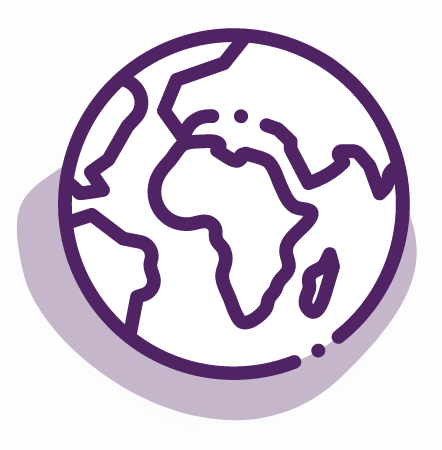 A simple purple line drawing of a globe focusing on the continents of Africa and Europe, with portions of Asia and South America visible. The globe is tilted to the right, casting a light purple shadow, symbolizing privacy in our interconnected world. The background is white.