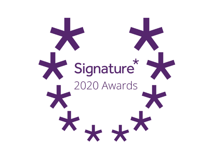 A graphic featuring the text "Signature Awards 2020" surrounded by a heart-shaped arrangement of purple asterisks on a white background.