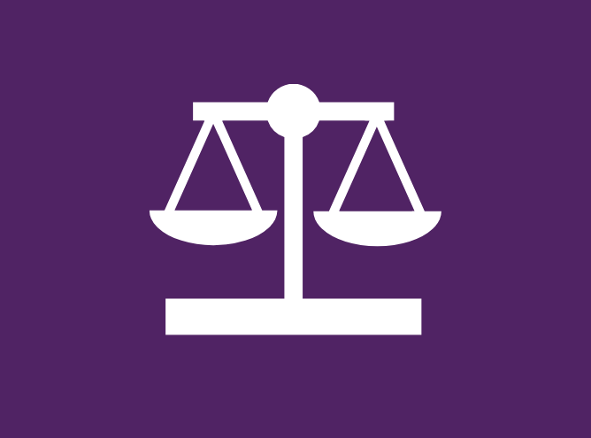 A white silhouette of a balanced scale symbol, representing justice or law, centered on a solid purple background, with two pans suspended evenly from a horizontal bar atop a central column. This emblem serves as a reminder of the significant legal updates in employment laws introduced in 2021.