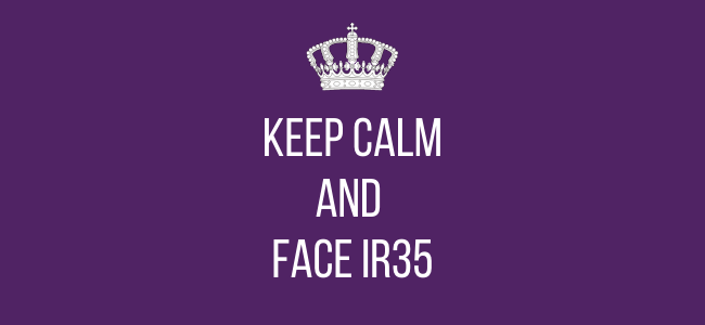 Image of a purple poster with a white crown at the top. Below the crown, white text reads "KEEP CALM AND FACE IR35," styled in a manner similar to the classic "Keep Calm and Carry On" wartime motivational posters. As of 2021, staying informed about employment legal updates is crucial.