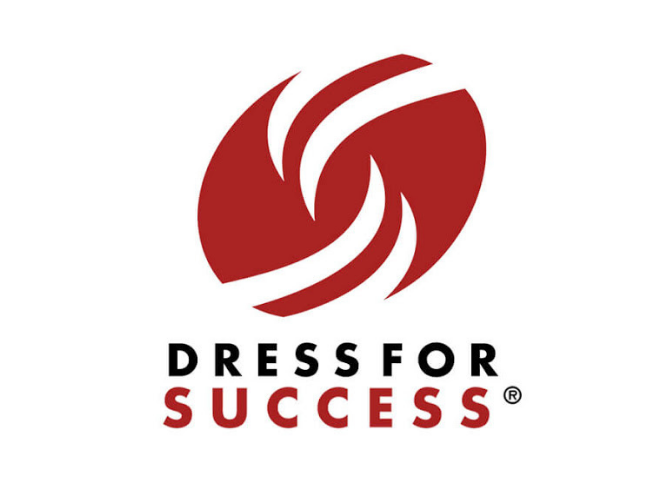 A red and white abstract logo featuring three curved shapes swirling together, with the text "DRESS FOR SUCCESS® Greater London" written in black capital letters below the logo. The background is plain white.