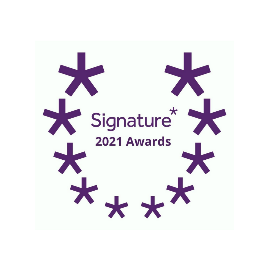 The image features the "Signature 2021 Awards" logo, showcasing the word "Signature" followed by an asterisk, with "2021 Awards" below it. Surrounding this text is a circular arrangement of purple asterisks of varying sizes on a white background, capturing the elegance of London's prestigious awards scene.