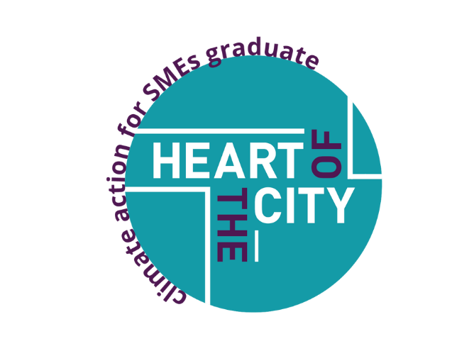 Teal circle logo with the words "Heart of the City" in white and "Climate action for SMEs graduate" in purple around the edge.