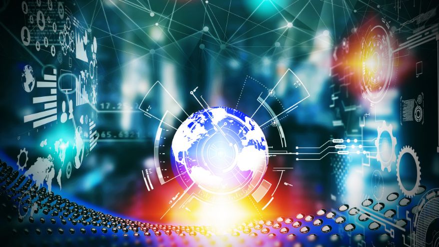 Futuristic digital concept with a glowing globe at the center, surrounded by abstract technology symbols and gears, hints at AI in 2025. A blurred cityscape in the background suggests connectivity and innovation, while blue and orange hues dominate the image.