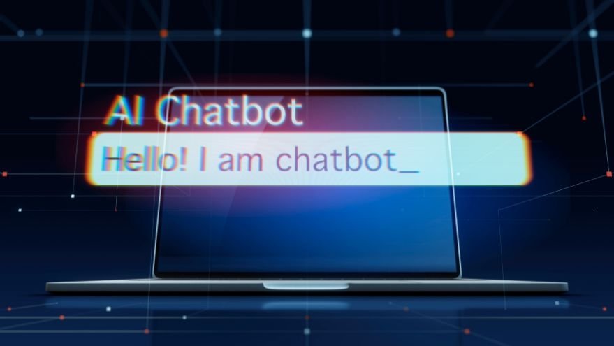 A laptop screen displays the text "AI Chatbot" and "Hello! I am chatbot_" against a digital, futuristic background with glowing dots and lines, offering a glimpse into the advanced world of AI in 2025.