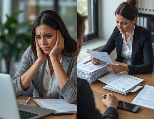 A job seeker faces uncertainty as an employer reviews their application paperwork.