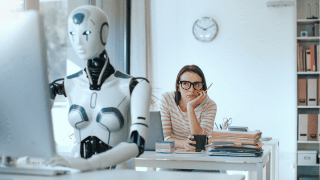 Illustration exploring how artificial intelligence is changing the workplace and raising questions about the future of work.